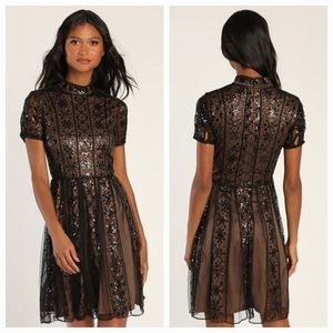 NWOT Lulu's Enchanting Vibe Black and Beige Sequin Short Sleeve Mini Dress